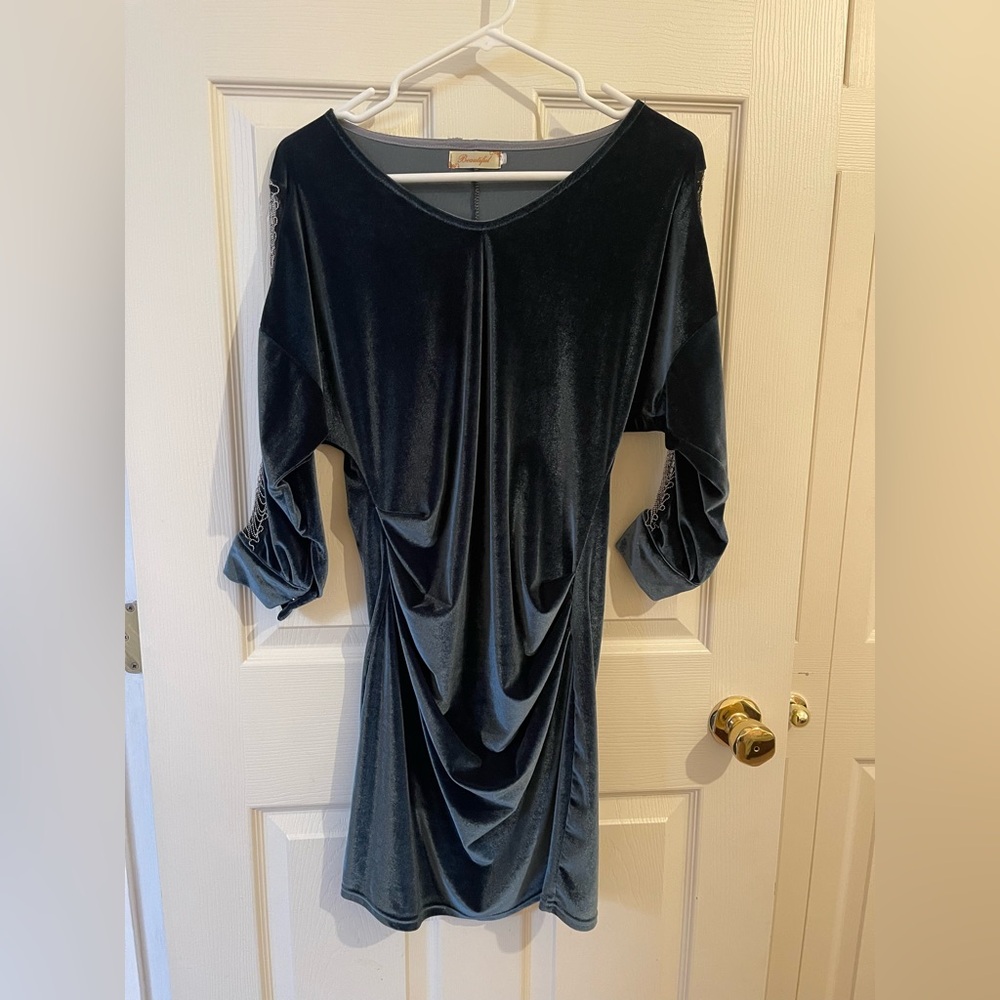 2/$50 final sale Chic Blue Velvet Dress with Chain Accent